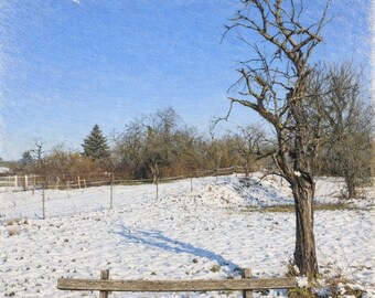 Impresión artística de un banco de campo nevado de Maintal: paisaje invernal, descarga digital