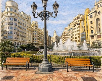 Impresión artística de la fuente de la Plaza de la Ciudad de Valencia (descarga digital)