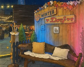 Impresión de arte del mercado de invierno de Ludwigshafen – Descarga digital Cozy Night Bench