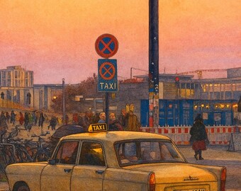 Impresión artística de una escena de taxis al atardecer en Berlín (descarga digital)