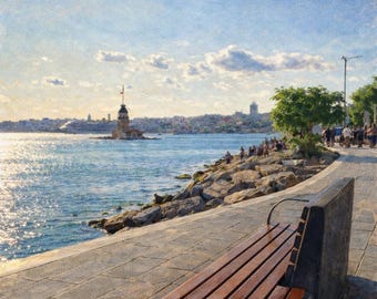Impresión artística de un banco junto al mar en Estambul (descarga digital)