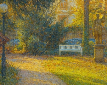 Impresión artística de un banco del parque de Fráncfort: Jardín de otoño dorado, descarga digital