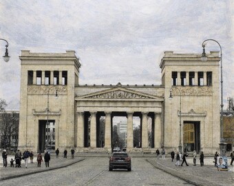 Impresión artística de la arquitectura de la Königsplatz de Múnich: Puerta clásica de la ciudad, descarga digital