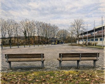 Impresión artística de los bancos gemelos de Bruchköbel: Plaza de otoño tranquilo, descarga digital