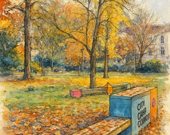 Impresión artística de un banco del parque otoñal de Fráncfort – Descarga digital de City Camp Common