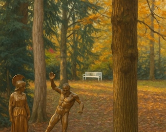 Impresión artística de estatuas y bancos del jardín de Fráncfort (descarga digital)