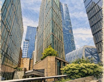 Impresión artística de un banco moderno de Nueva York (descarga digital)