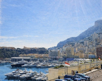 Lámina artística de yates en el puerto de Mónaco – Descarga digital de lujo en la costa de Montecarlo Marina
