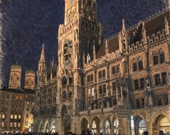 Impresión de arte nocturno de Munich Marienplatz – Descarga digital del paisaje urbano histórico de Rathaus