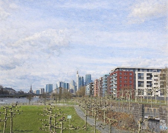Impresión artística del horizonte de Fráncfort junto al río: descarga digital del paisaje urbano del paseo fluvial principal