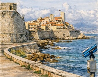 Impresión artística de un banco frente al mar de Antibes (descarga digital)