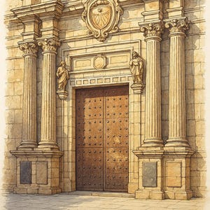 May include: Watercolor illustration of a building facade with a large wooden door. The building features columns, statues, and a decorative emblem above the door. The color palette is warm, with shades of beige and brown.