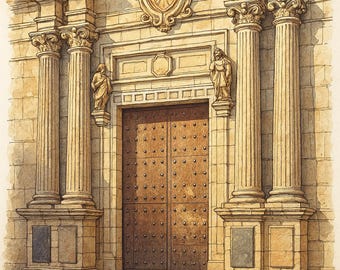 May include: Watercolor illustration of a building facade with a large wooden door. The building features columns, statues, and a decorative emblem above the door. The color palette is warm, with shades of beige and brown.
