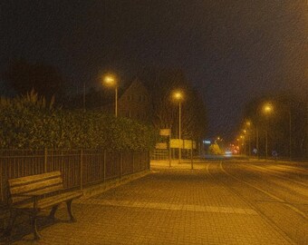 Impresión artística de un banco en una calle de Frankfurt por la noche: Escena urbana con una cálida farola, descarga digital