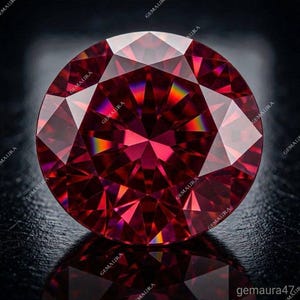 May include: A round, faceted, deep red gemstone with a brilliant cut. The gem reflects light, displaying a spectrum of colors within its facets. The image is set against a dark background, highlighting the gem's sparkle.