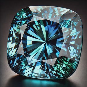 May include: A square-cut gemstone with a complex, multi-faceted design. The gem features a gradient of blues and greens, with a central starburst pattern. The facets reflect light, creating a sparkling effect against a dark background.