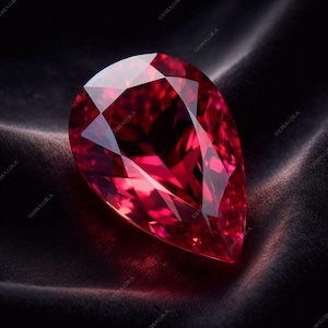 Puede incluir: Una gran gema facetada en forma de pera, de un tono rojo intenso. La gema se encuentra sobre un fondo oscuro y texturizado, creando un contraste dramático. La superficie de la gema refleja la luz, resaltando sus múltiples facetas y su brillo interno. La palabra "GEMAURA" es visible.