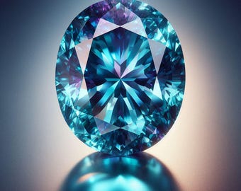 May include: An oval-cut gemstone with a brilliant, multi-faceted design. The gem features a captivating blend of blue and purple hues, with a reflective surface that catches the light. The gemstone is set against a gradient background.