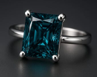 May include: A silver ring with a large, emerald-cut teal gemstone. The gemstone is held by four silver prongs, and the band is polished silver. The ring is set against a dark background.