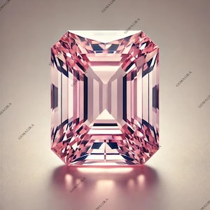 May include: A large, rectangular-cut pink gemstone with a faceted surface. The gem has a light pink hue and is set against a soft, neutral background. The word "GEMAURA" is printed on the edges of the image.