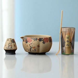 Japanese Matcha Set – Hand-Painted Floral Cat Ceramic Matcha Bowl with Bamboo Whisk, Scoop & Holder | Tea Ceremony Gift for Matcha Lovers