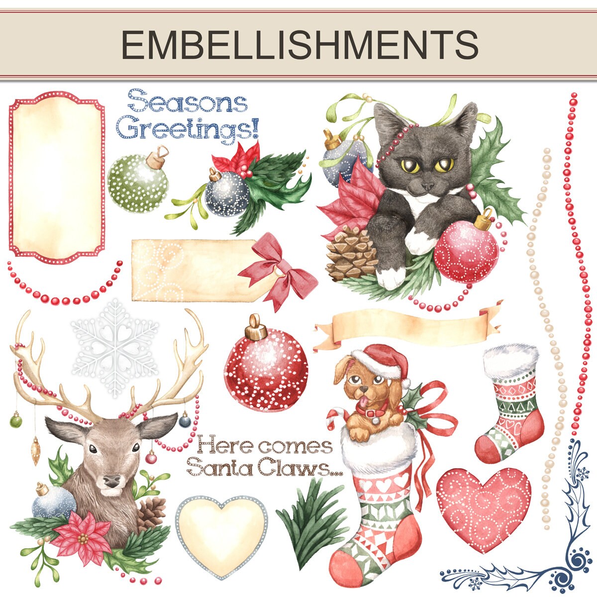 Christmas Animals clipart Kit printable card making digital | Etsy