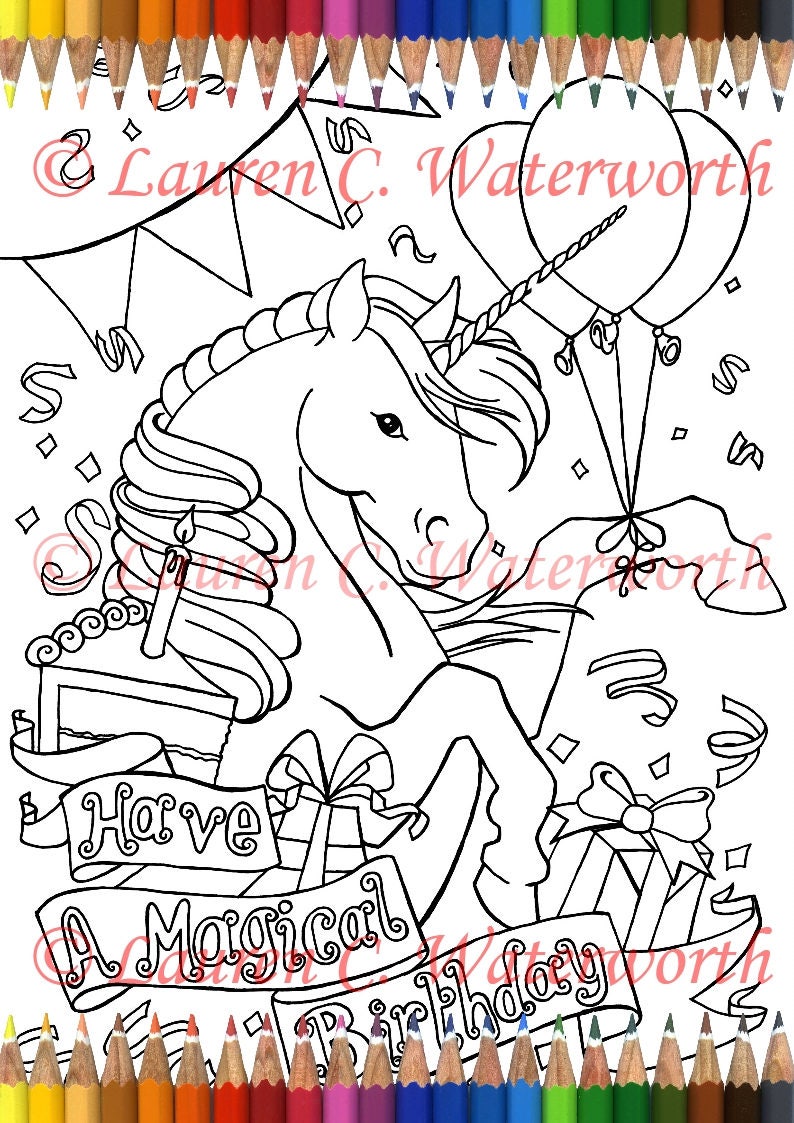 birthday unicorn colouring page digi stamp adult art