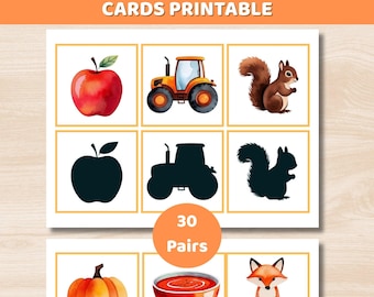 May include: Printable autumn shadow matching cards featuring watercolor illustrations. The cards include images of an apple, tractor, squirrel, pumpkin, soup, and fox, along with their corresponding shadows. The text "AUTUMN SHADOW MATCHING CARDS PRINTABLE" is at the top.