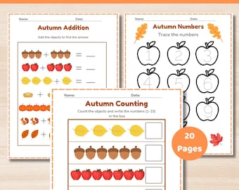 Hojas de trabajo de matemáticas de otoño: conteo, suma y seguimiento de números para preescolar (descarga en PDF)