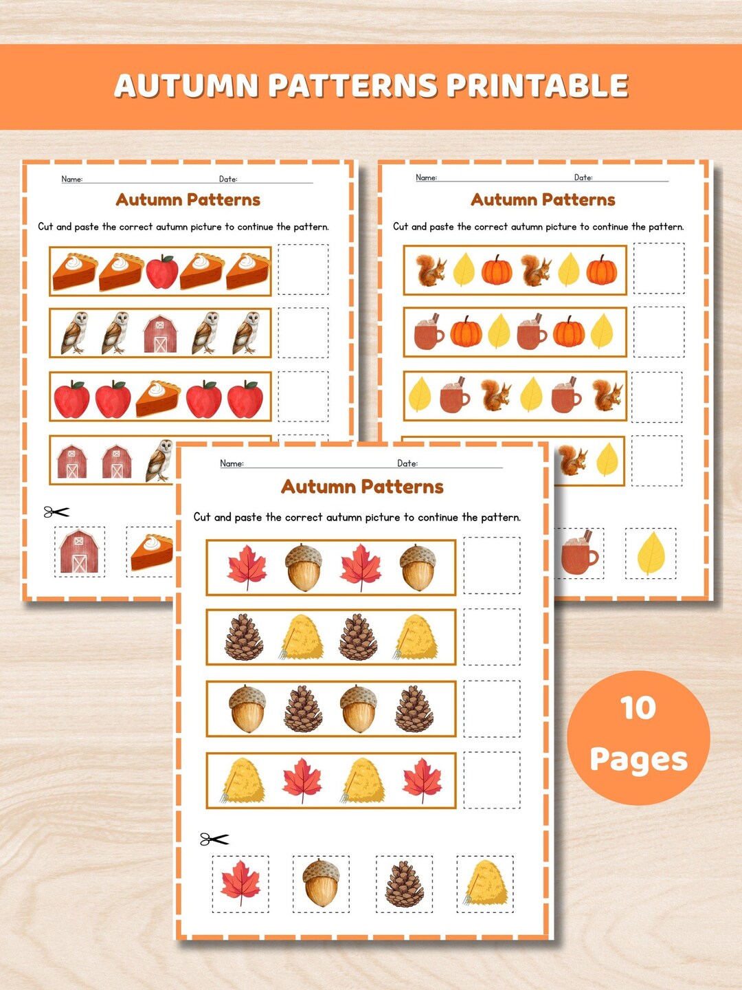 Autumn Pattern Worksheets, Preschool Printable Activity (digital ...