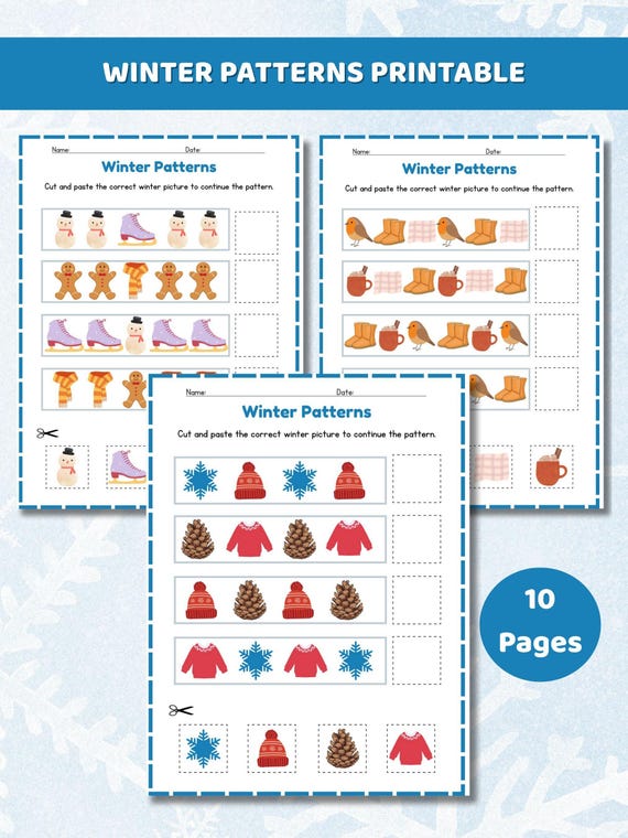 Winter Patterns Worksheet: Preschool Printable Activity, Digital Download PDF, A4 and US letter size