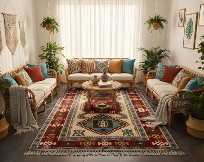 Handmade Vintage Turkish Large Rug – 100% Wool Cotton, Authentic Living Room Rug - 7.2x10 Feet Rug - Sustainable Vintage Turkish Area Rug