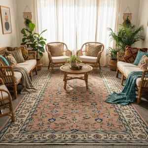 Puede incluir: Un salón acogedor con muebles de ratán, incluyendo sofás y sillones, dispuestos alrededor de una gran alfombra estampada. La alfombra tiene un diseño floral rosa y azul. Cojines decorativos y mantas añaden a la atmósfera acogedora. Plantas y obras de arte completan la estética bohemia.