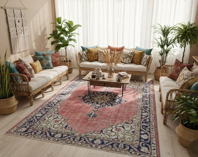 Handmade Vintage Turkish Area Rug – 100% Handwoven Wool & Cotton, Organic  Natural, Unique 6.2x9.5 ft – One of a Kind, Bohemian Rug