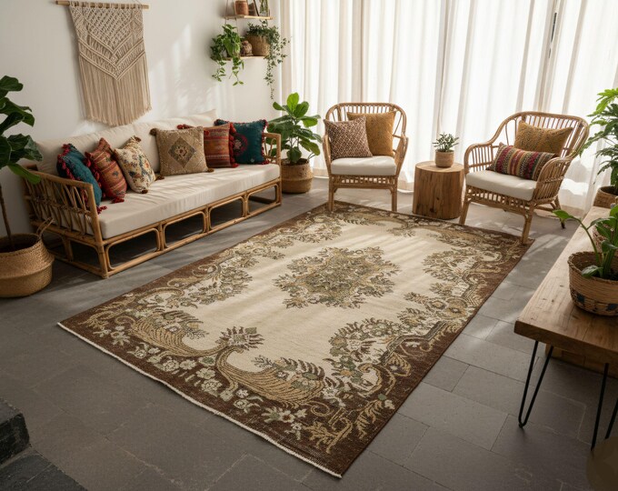 Handmade Vintage Turkish Area Rug – 100% Handwoven Wool & Cotton, Organic  Natural, Unique 6.3x10.6 ft – One of a Kind, Bohemian Rug