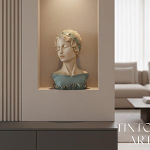 Kvinnobyst med pannbandsskulptur – Handmålad elegant kvinnlig staty, modern konstnärlig heminredning, unik presentidé