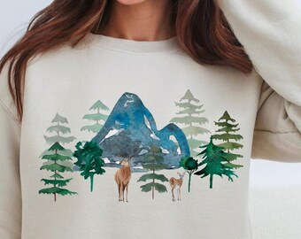 Mountain Forest Sweatshirt, Deer Print Pullover, Unisex Adventure Hoodie