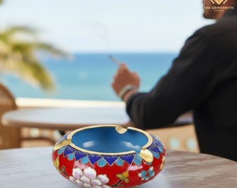 Handmade Ceramic Ashtray | Ornate Red Floral Design with Gold Accents, Sculptural Smoking Dish and Handpolished Home Decor Collectible