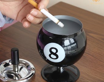 Billiard Ball Ashtray with Lid | Metal 8-Ball Design for Office, Bar, or Game Room | Windproof Decorative Tray for Smokers and Collectors