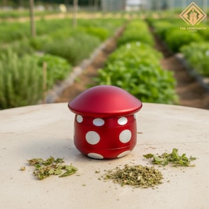 May include: A red mushroom-shaped grinder with white polka dots sits on a light-colored surface. The grinder is surrounded by dried herbs. The Grindsmith Studio logo is visible in the background, with rows of green plants.