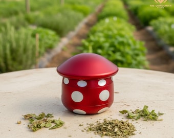 Red Mushroom Herb Grinder – Cute Cottagecore Spice Crusher, Metal Toadstool Decor – Novelty Smoker Gift, Unique 3 Piece Mill for Her