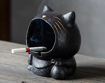 Creative Anti‑Fly Ash Ceramic Cat Ashtray – Large Windproof Personalized Home Decor, Handmade Smoking Tray, Unique Cultural Ornament & Gift