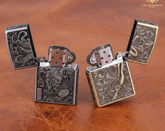 Hand-Polished Embossed Metal Lighter with Dragon and Floral Design  Decorative Pocket Accessory in Bronze or Silver Collectible Gift for Him