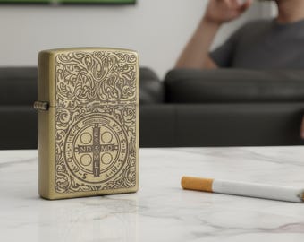 Saint Benedict Zippo Lighter  Refillable Windproof Metal  Gothic Protection Symbol for Fans, Collectors and Everyday Carry Gift for Dad