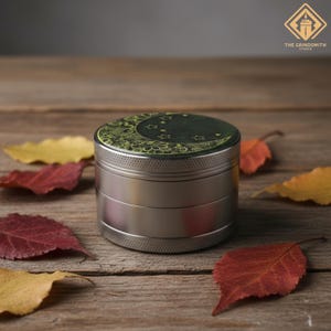 Peut inclure: Un broyeur en métal argenté avec un dessus décoratif représentant un croissant de lune et des étoiles. Le broyeur est posé sur une surface en bois avec des feuilles d'automne. Le logo Grindsmith Studio est en haut à droite.