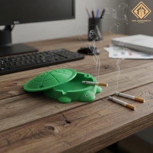 May include: A green turtle-shaped ashtray with a partially open lid, containing a lit cigarette. Two more cigarettes lie on the wooden surface. The Grindsmith Studio logo is visible.