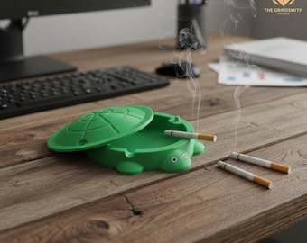Cute Turtle Ashtray with Lid – Windproof Outdoor Ash Tray for Patio, Heatproof Animal Resin Decor – Funny Smoker Gift, Cigarette Holder