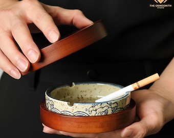 Ceramic Ashtray Enclosed with Wooden Lid  Handcrafted Smoking Tray with Blue Motif  Elegant Gift for Smokers and Minimalist Home Decor