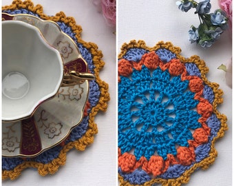 2 Coasters Set - Real Crochet  Blue  "Attained DREAMS"   Coasters-Pack of 2