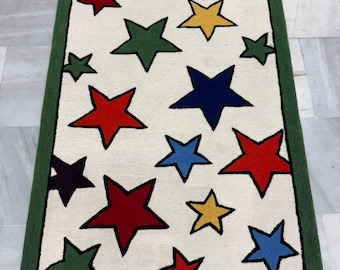 Hand Tufted Wool Star Rug, Multicolor Nursery Playroom Carpet, Modern Kids Bedroom Decor